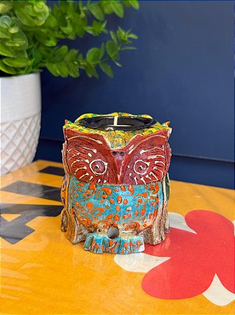 Coruja - Porta Vela - Madeira - Pintado à mão - 8cm