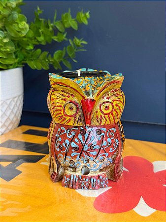 Coruja - Porta Vela - Madeira - Pintado à mão - 11cm