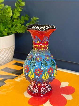 Vaso - Cerâmica - Pintado à mão - Turquia - Vermelho e Azul - 15,5CM