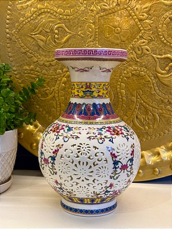 Vaso - Cerâmica - Branco e Colorido - 29CM