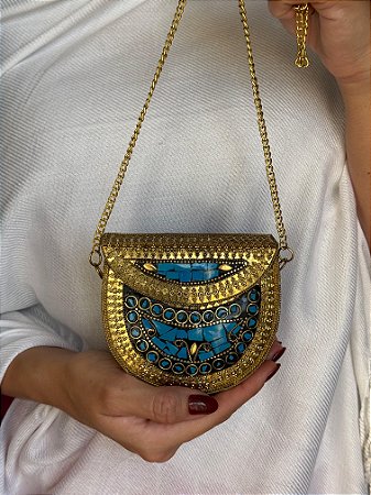 Mini Bolsa Clutch em Metal - Dourado e Azul - Com Alça