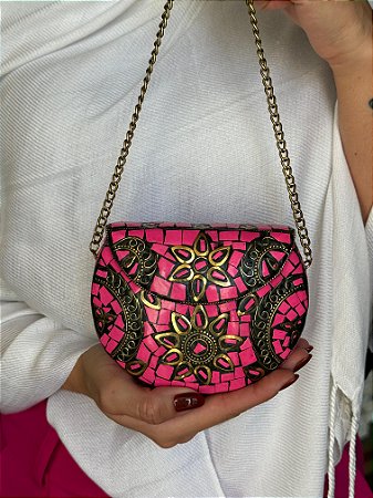 Mini Bolsa Clutch em Metal - Pink e Dourado - Com Alça