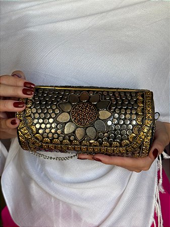 Bolsa Clutch em Metal - Prata e Dourada - Com Alça