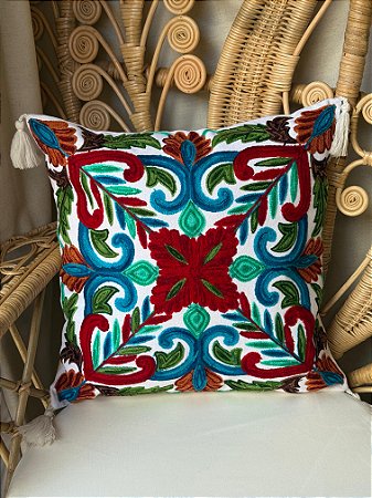 Capa de Almofada Bordada Tassel 45x45 Branca