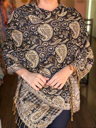 Pashmina de Viscose - Estampada - Dupla Face -  Preto e Bege