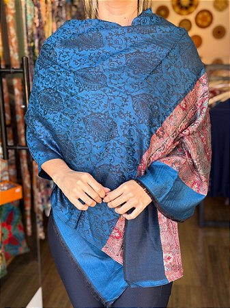 Pashmina de Viscose - Estampada - Azul e Vermelho