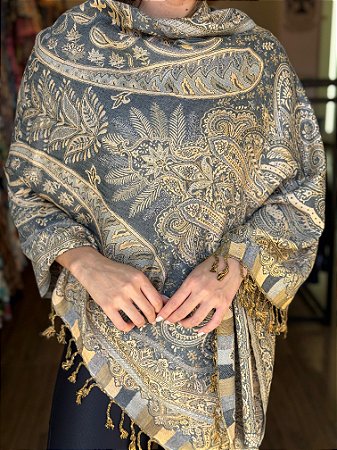 Pashmina de Viscose - Estampada - Dupla Face - Cinza e Bege