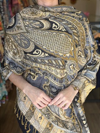 Pashmina de Viscose - Estampada - Dupla Face - Preto, Bege e Amarelo