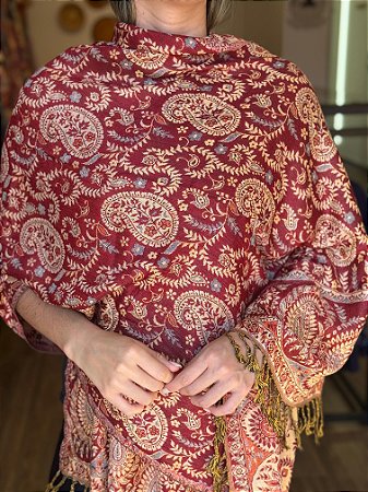 Pashmina de Viscose - Estampada - Dupla Face - Vermelho e Bege