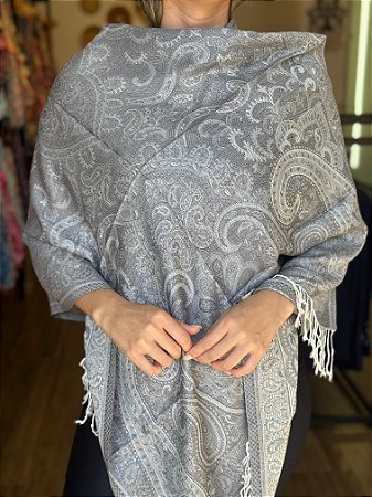 Pashmina de Viscose - Estampada - Cinza e Branco