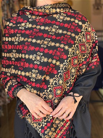 Echarpe Bordada - Preto, Vermelho e Dourado
