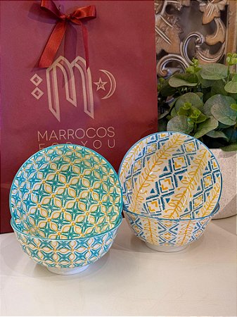 Kit 4 Bowls - Cerâmica - Turquesa e Amarelo
