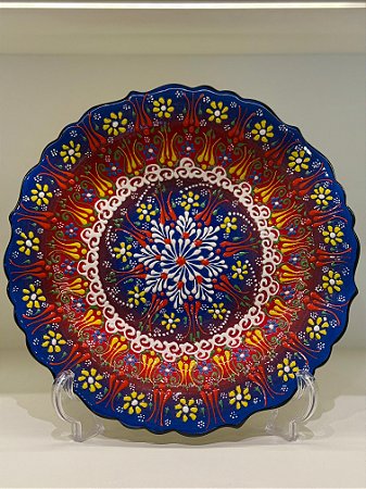Prato de Parede - Decorativo - Turquia - Cerâmica - Alto Relevo - Azul e Vermelho - Grande