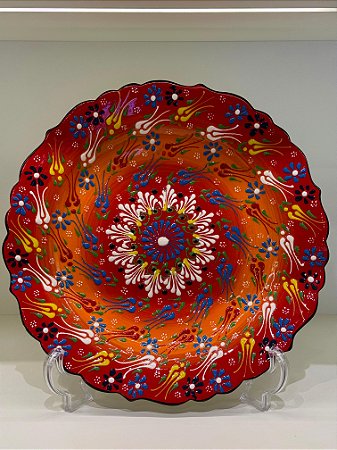Prato de Parede - Decorativo - Turquia - Cerâmica - Alto Relevo - Vermelho e Laranja - Grande
