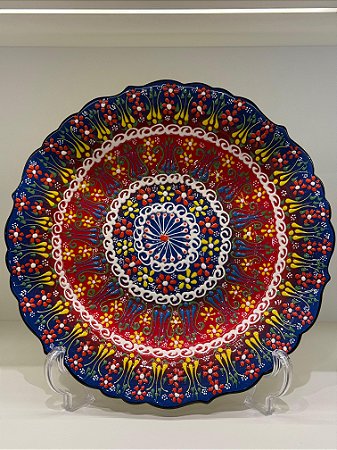 Prato de Parede - Decorativo - Turquia - Cerâmica - Alto Relevo - Azul e Vermelho - Grande