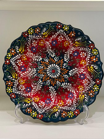 Prato de Parede - Decorativo - Turquia - Cerâmica - Alto Relevo - Verde e Vermelho - Grande