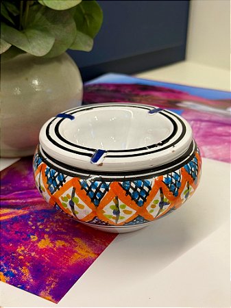 Cinzeiro Marroquino - Pintado á mão - Laranja e Azul - G