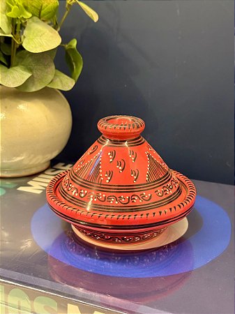 Tagine Saleiro Marroquino - Cerâmica - Pitando à mão - Vermelho