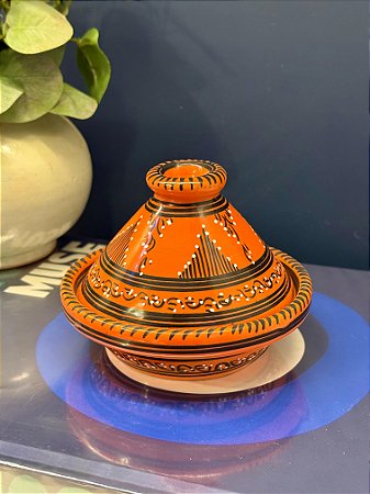 Tagine Saleiro Marroquino - Cerâmica - Pitando à mão - Laranja