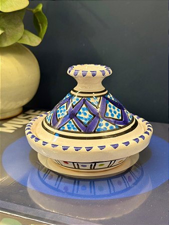 Tagine Saleiro Marroquino - Cerâmica - Pitando à mão - Roxo e Azul