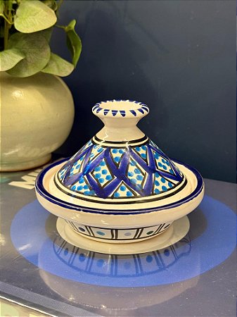 Tagine Saleiro Marroquino - Cerâmica - Pitando à mão - Roxo e Azul