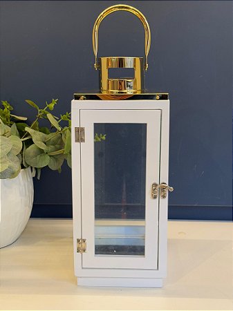 Lanterna - Madeira e Metal - Branco e Dourado - 37CM