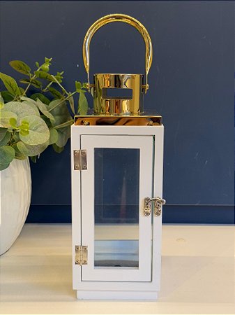 Lanterna - Madeira e Metal - Branco e Dourado - 27,5CM