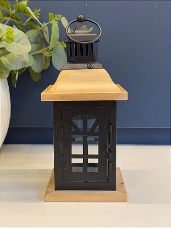Lanterna - Madeira e Metal - Preto - 24CM