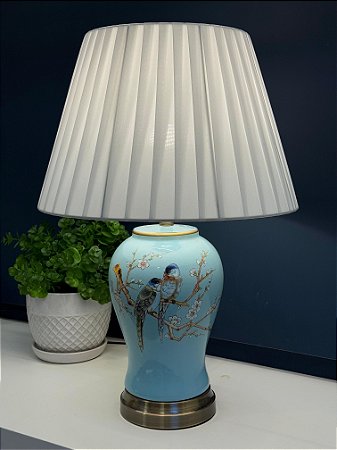 Abajur - Cerâmica - Pássaros e Flores - Turquesa com Cúpula