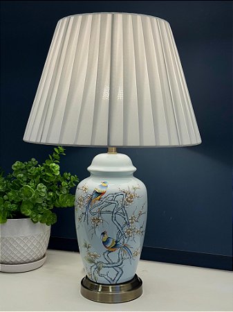 Abajur - Cerâmica - Pássaros e Flores - Azul Claro com Cúpula