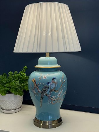 Abajur - Cerâmica - Pássaros e Flores - Turquesa com Cúpula