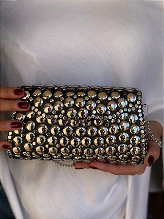 Bolsa Clutch em Metal - Prata -  Com Alça