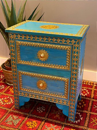 Gaveteiro em Madeira - Aplique em Metal - Azul e Dourado