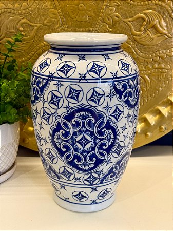 Vaso Cerâmica Azul e Branco 30CM
