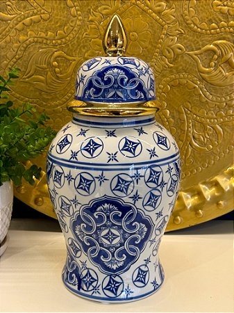 Potiche Cerâmica Azul, Branco e Dourado 37CM