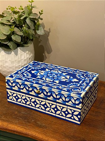 Caixa Decorativa - Porta Joias - Madeira - Pintado á Mão - Azul G