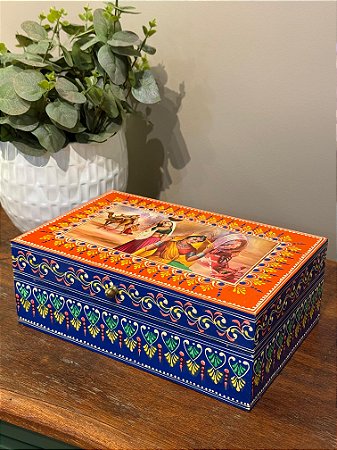 Caixa Decorativa - Porta Joias - Madeira - Pintado á Mão - Laranja e Azul - G