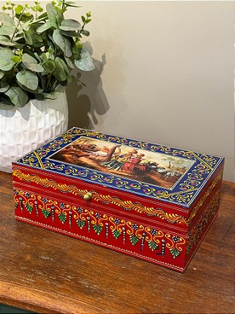 Caixa Decorativa - Porta Joias - Madeira - Pintado á Mão - Azul e Vermelho - G