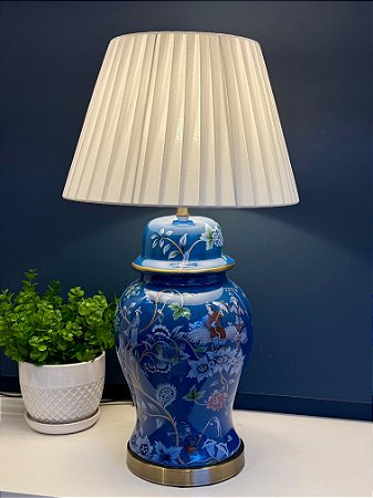 Abajur - Cerâmica - Flores - Azul com Cúpula