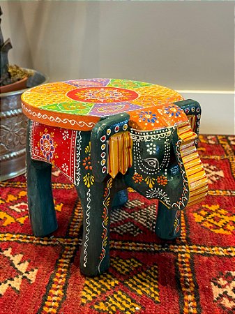 Banqueta - Elefante - Madeira - Pintado à mão - Verde e Colorido - Pequeno