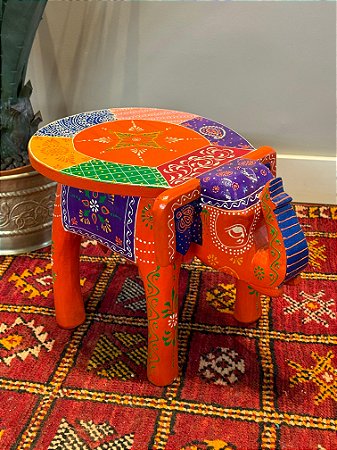 Banqueta - Elefante - Madeira - Pintado à Mão - Laranja e Colorido - Grande