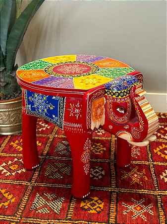 Banqueta - Elefante - Madeira - Pintado à mão - Vermelho e Colorido - GG