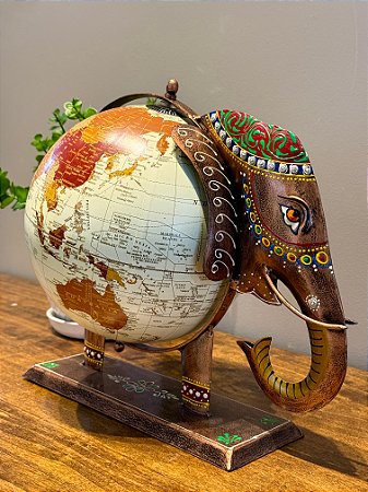 Elefante - Globo Mapa Mundi - Pintado á mão - Metal