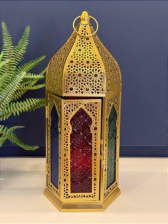 Lanterna - Metal e Vidro - Dourado e Colorido - 40CM