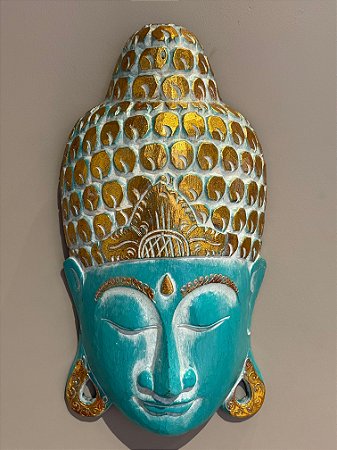 Cabeça Buda Esculpido - Madeira - Pintado à mão - Turquesa e Dourado