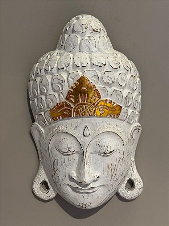Cabeça Buda Esculpido - Madeira - Pintado à mão - Branco e Dourado