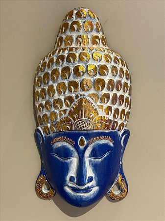 Cabeça Buda Esculpido - Madeira - Pintado à mão - Azul e Dourado