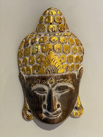 Cabeça Buda Esculpido - Madeira - Pintado à mão - Marrom e Dourado
