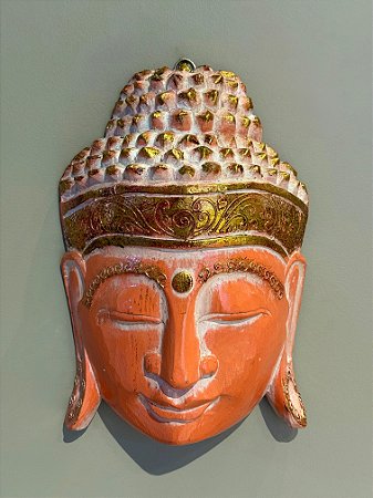 Cabeça Buda Esculpido - Madeira - Pintado à mão - Laranja e Dourado