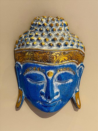 Cabeça Buda Esculpido - Madeira - Pintado à mão - Azul e Dourado
